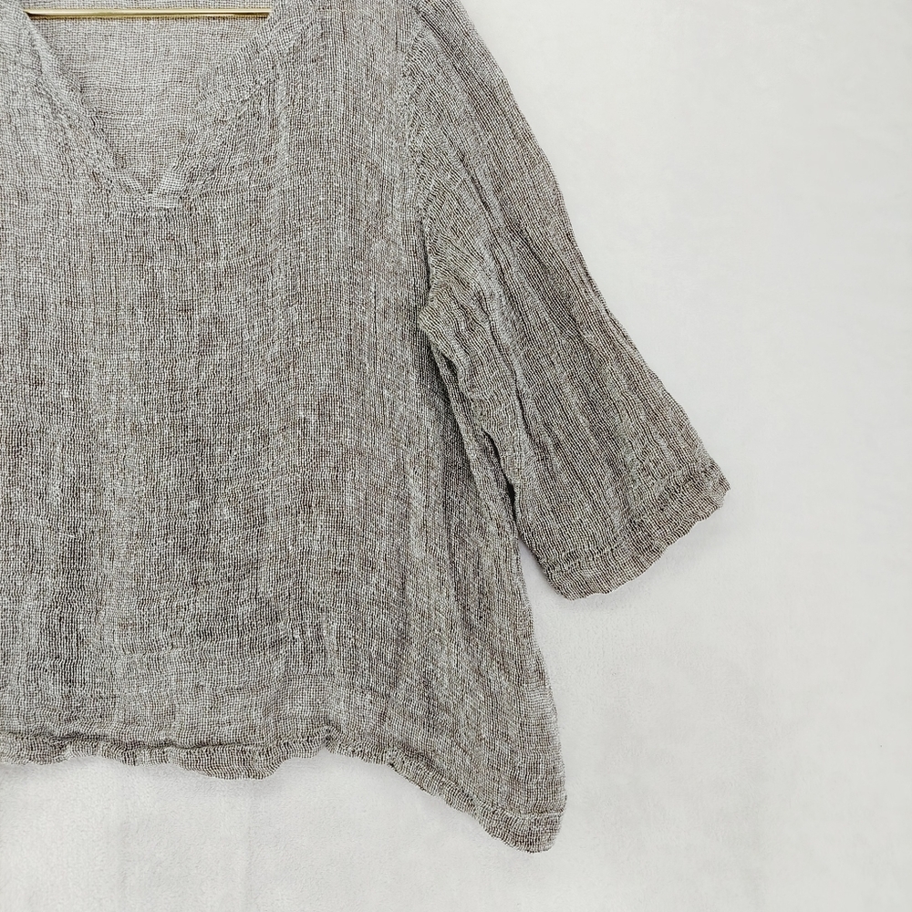 J. Jill Linen Brown and White Woven Sheer Popover V-Neck 3/4 Sleeve Blouse P5584 - Picture 3 of 7